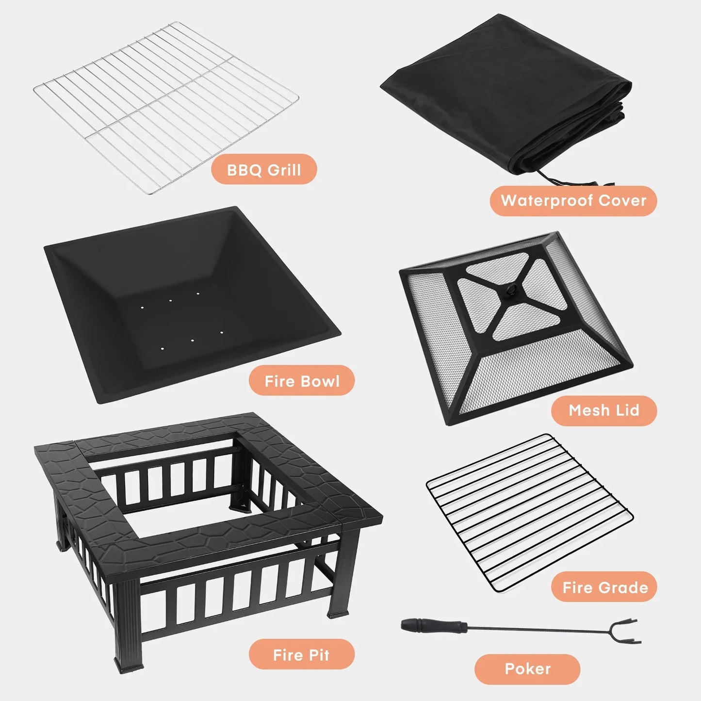 Fire Basket Garden Fireplace Including Grill, Waterproof Cover for Heating/Grilling Metal Brazier.