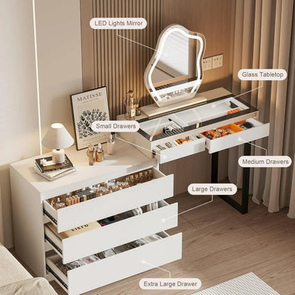 Modern L-Shaped Corner Vanity Desk with Glass Top, Mirror, and Lighting, Two Drawers.