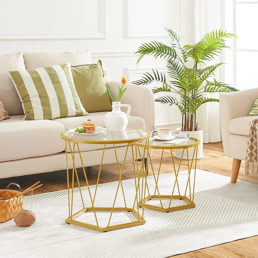 Small Coffee Table Set of 2, Round End Table with Metal Frame, Glass Tabletop, for Living Room, Bedroom.