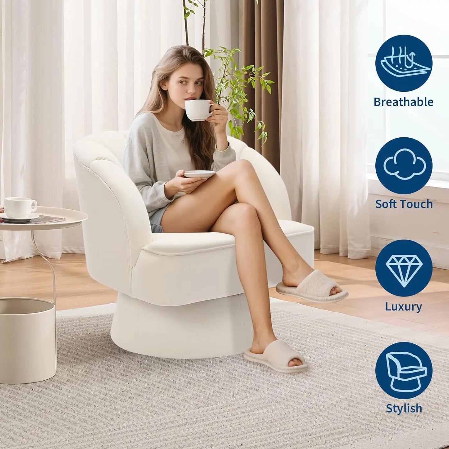 360° Swivel Barrel Accent Chair Modern Round Armchair & Plush Padding Velvet Fabric Upholstered.
