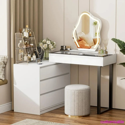 Modern L-Shaped Corner Vanity Desk with Glass Top, Mirror, and Lighting, Two Drawers.