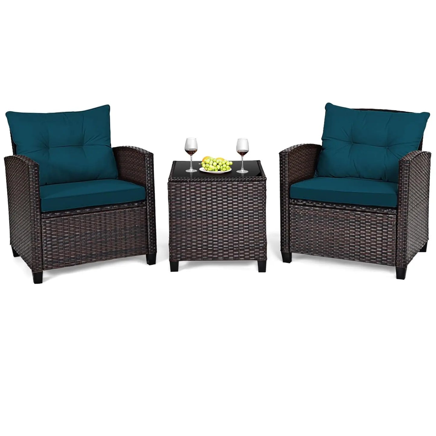 3 Pieces Patio Furniture Set, PE Rattan Wicker Outdoor Sofa Set w/Washable Cushion and Tempered Glass.
