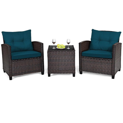 3 Pieces Patio Furniture Set, PE Rattan Wicker Outdoor Sofa Set w/Washable Cushion and Tempered Glass.