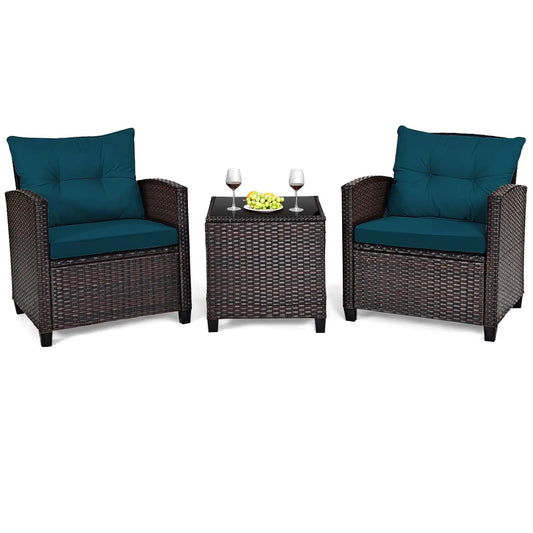 3 Pieces Patio Furniture Set, PE Rattan Wicker Outdoor Sofa Set w/Washable Cushion and Tempered Glass.