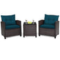 3 Pieces Patio Furniture Set, PE Rattan Wicker Outdoor Sofa Set w/Washable Cushion and Tempered Glass.