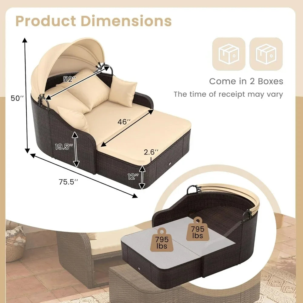Outdoor Daybed with Retractable Canopy - PE Rattan Double Chaise Lounge, Pillows- Patio Furniture Set.