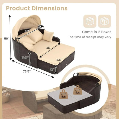 Outdoor Daybed with Retractable Canopy - PE Rattan Double Chaise Lounge, Pillows- Patio Furniture Set.