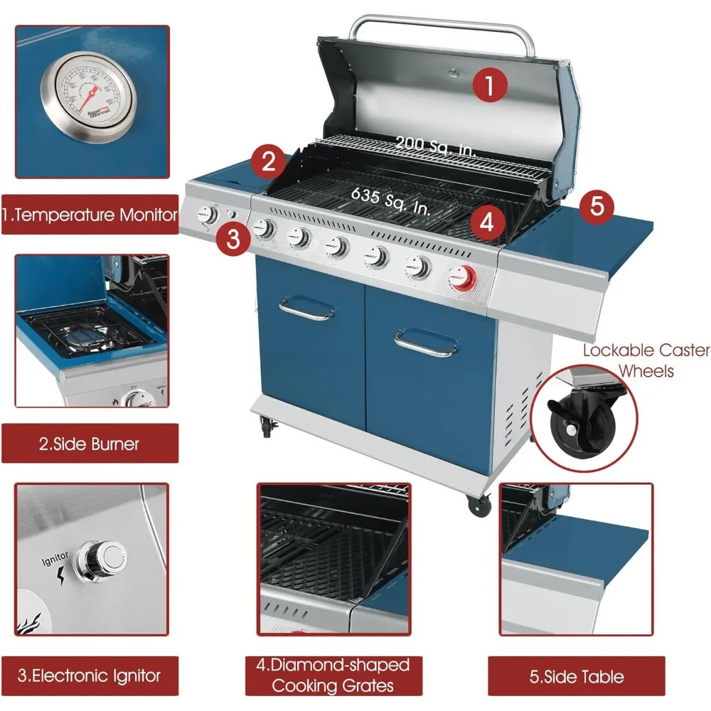 Royal Gourmet GA6402B 6 Burner Propane Gas Grill with Side Burner and Warming Rack, Cabinet Style Gas BBQ Grill