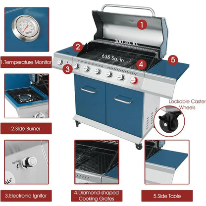 Royal Gourmet GA6402B 6 Burner Propane Gas Grill with Side Burner and Warming Rack, Cabinet Style Gas BBQ Grill