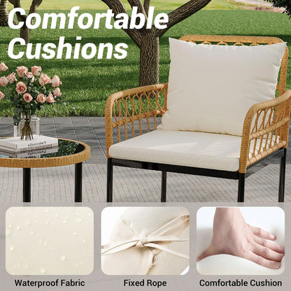 4-Piece Rattan Patio Set with Loveseat, 2 Chairs & Glass Table, Outdoor Furniture For Backyard- Porch.