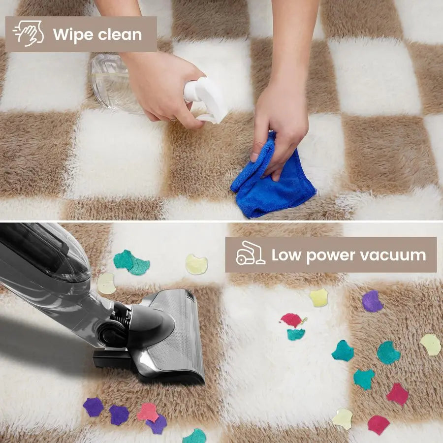 Soft Rug for Bedroom, 6x9 Ft Beige and White Area Rug Classic Checkered Shaggy Antiskid.