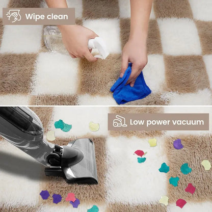 Soft Rug for Bedroom, 6x9 Ft Beige and White Area Rug Classic Checkered Shaggy Antiskid.