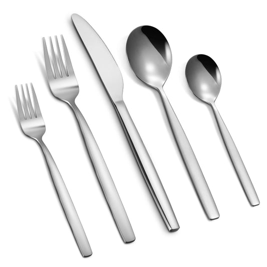 Stainless Steel, 30-Piece Silverware Set for 6, Modern Elegant Utensils, Dishwasher Safe.
