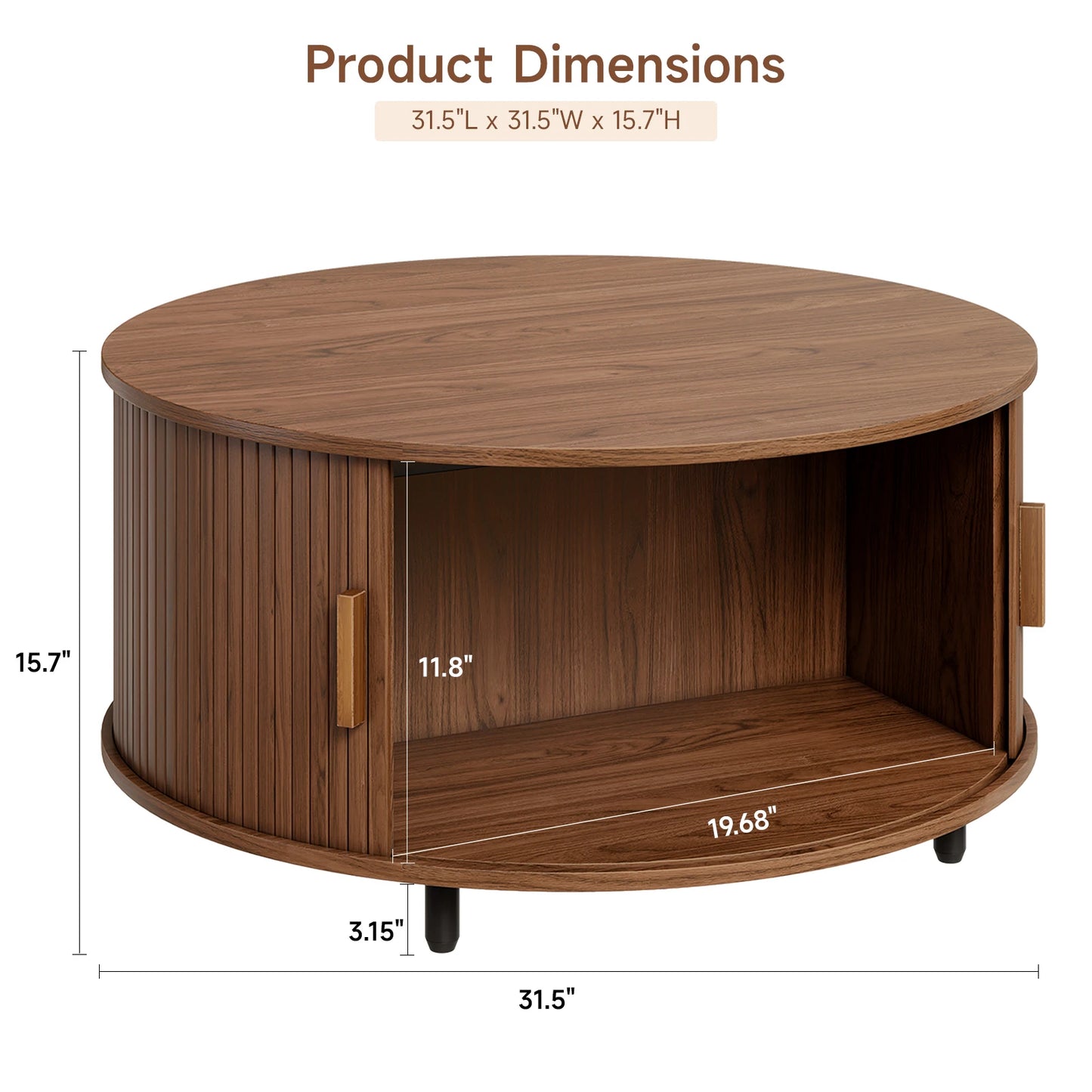 Round Coffee Table with Storage,31.5" 360° Curved Sliding Door, Fluted Wood Accent Coffee Table
