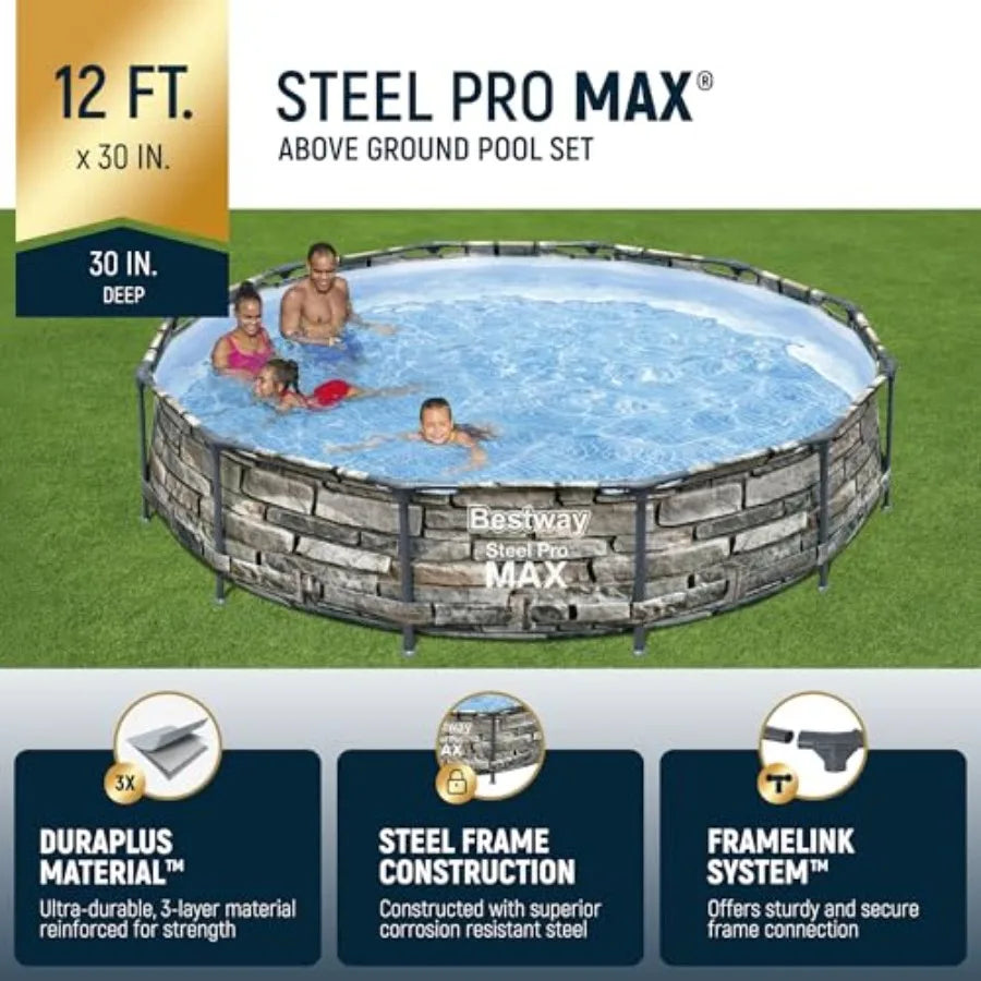 12 Foot x 30 Inch Round Above Ground Swimming Family Pool Set, Steel Frame with Filter Pump