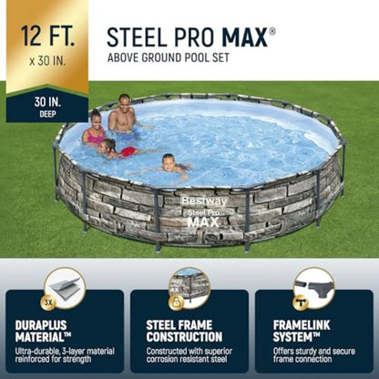 12 Foot x 30 Inch Round Above Ground Swimming Family Pool Set, Steel Frame with Filter Pump