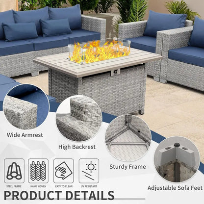 6-Piece Grey PE Rattan Outdoor Sectional Sofa Set with Fire Pit Table and Navy Blue Cushions