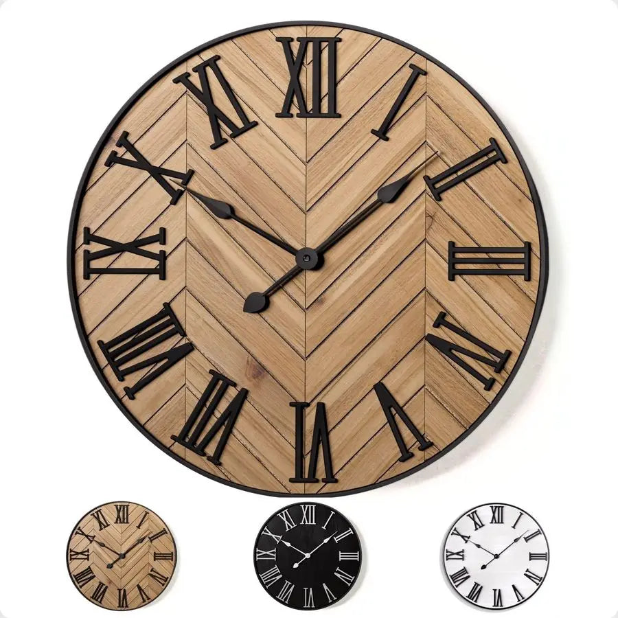Wall Clock 24 Round Silent Metal amp Wood Large Farmhouse, Decor with 3D Roman Numerals.