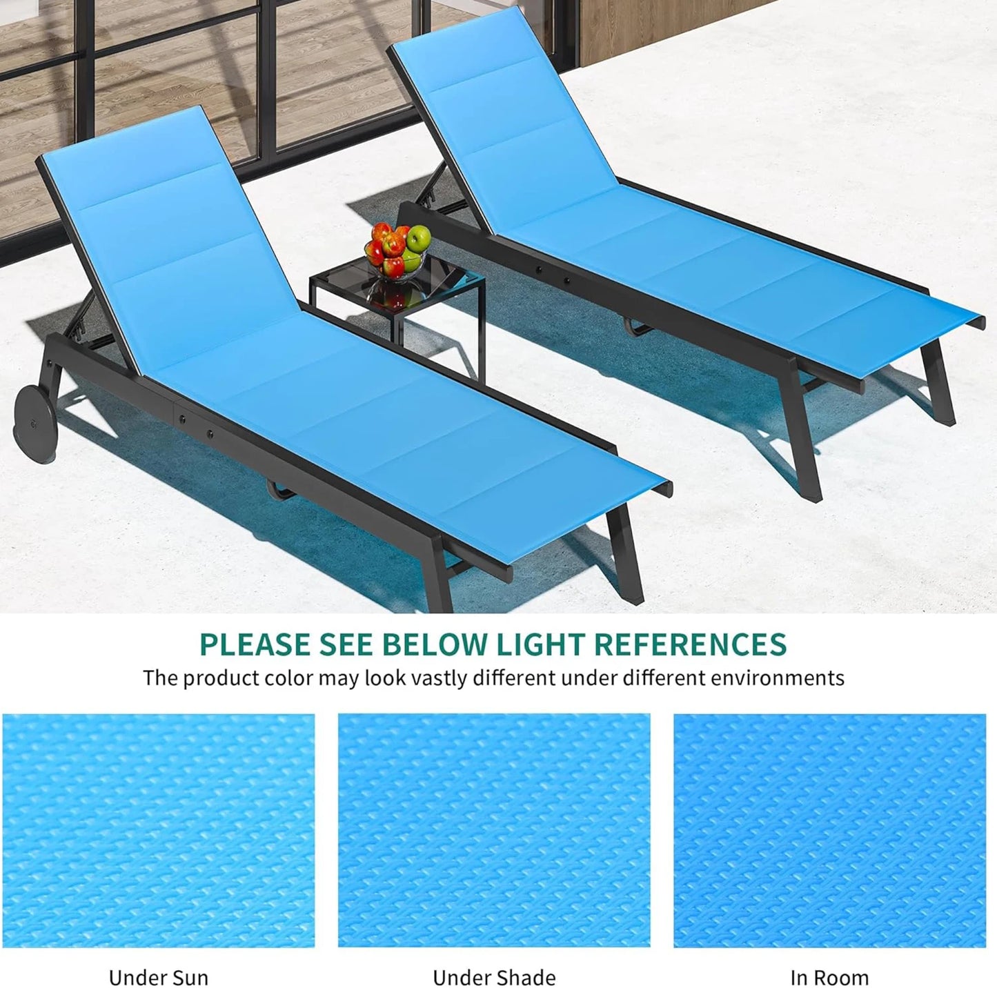 3 Pieces Patio Chaise Chairs Set, Pool Loungers with Side Table, with Wheels, Adjustable Position
