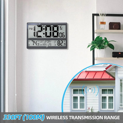 Atomic Wall Clock with Wireless Outdoor Temperature Sensor, Large Digital Display, Auto-Sync Time & Calendar.
