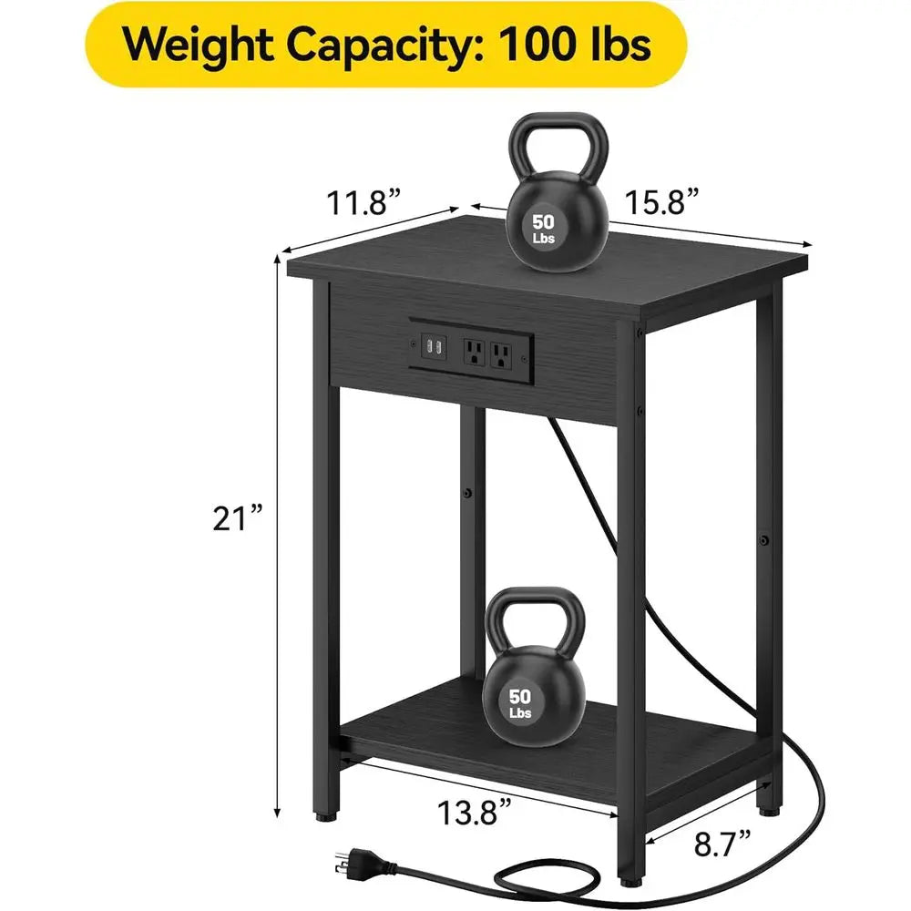 Side Table with Charging Station & USB Port, Set of 2, Small End Table Nightstands for Bedroom, Living Room.