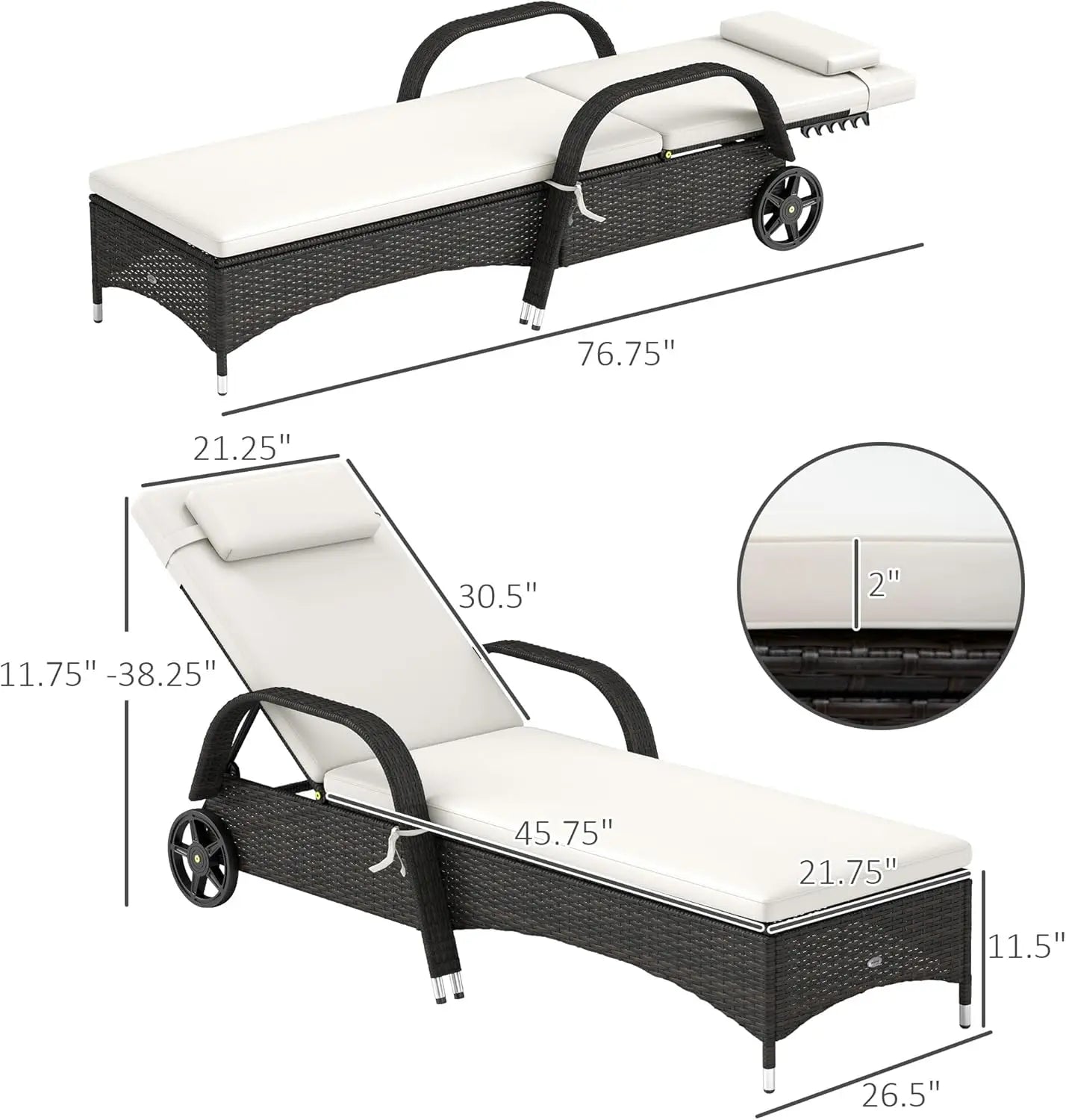 Wicker Outdoor Chaise Lounge with 5-Level Adjustable Backrest, PE Rattan Chair with Wheels.