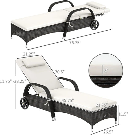 Wicker Outdoor Chaise Lounge with 5-Level Adjustable Backrest, PE Rattan Chair with Wheels.