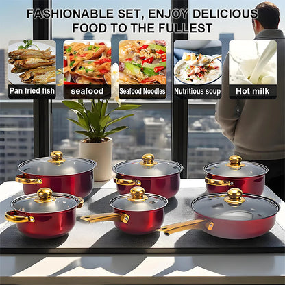 12Pcs/Set Stainless Steel Red Cookware Set Non-Stick Pans.