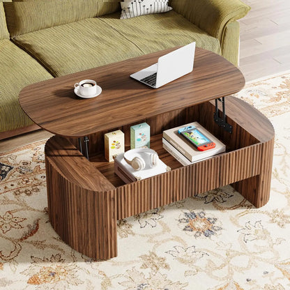 47-Inch Oval Lift Top Coffee Table with Storage Shelf for Living Room, Rustic Lift Up Tabletop.