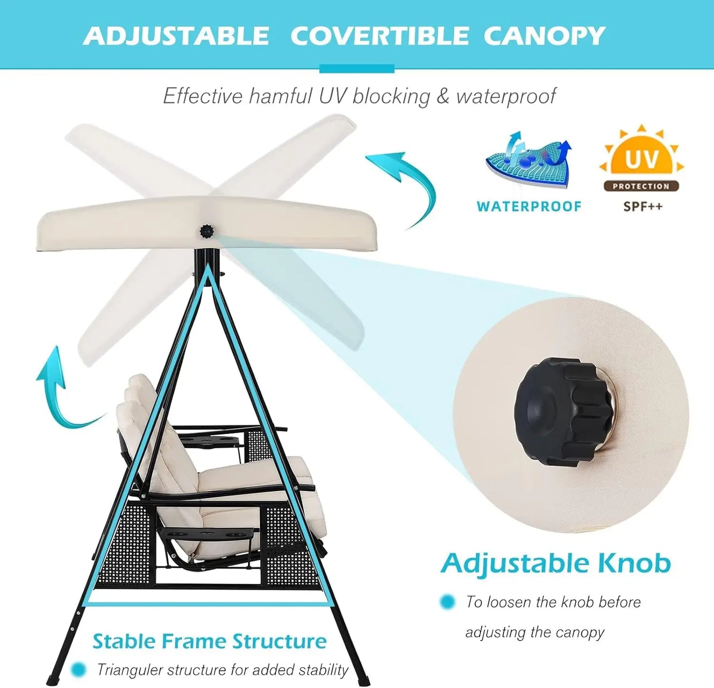 3-Seat Outdoor Porch Swing with Adjustable Canopy Removable, Adult Outdoor Swings for Porch.