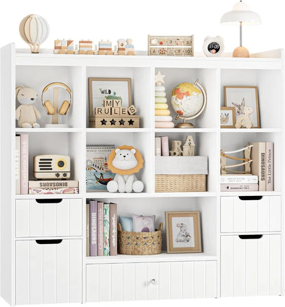 48"W Kids Toy Storage Organizer with Bins, Bookshelf & Drawers for Playroom - White