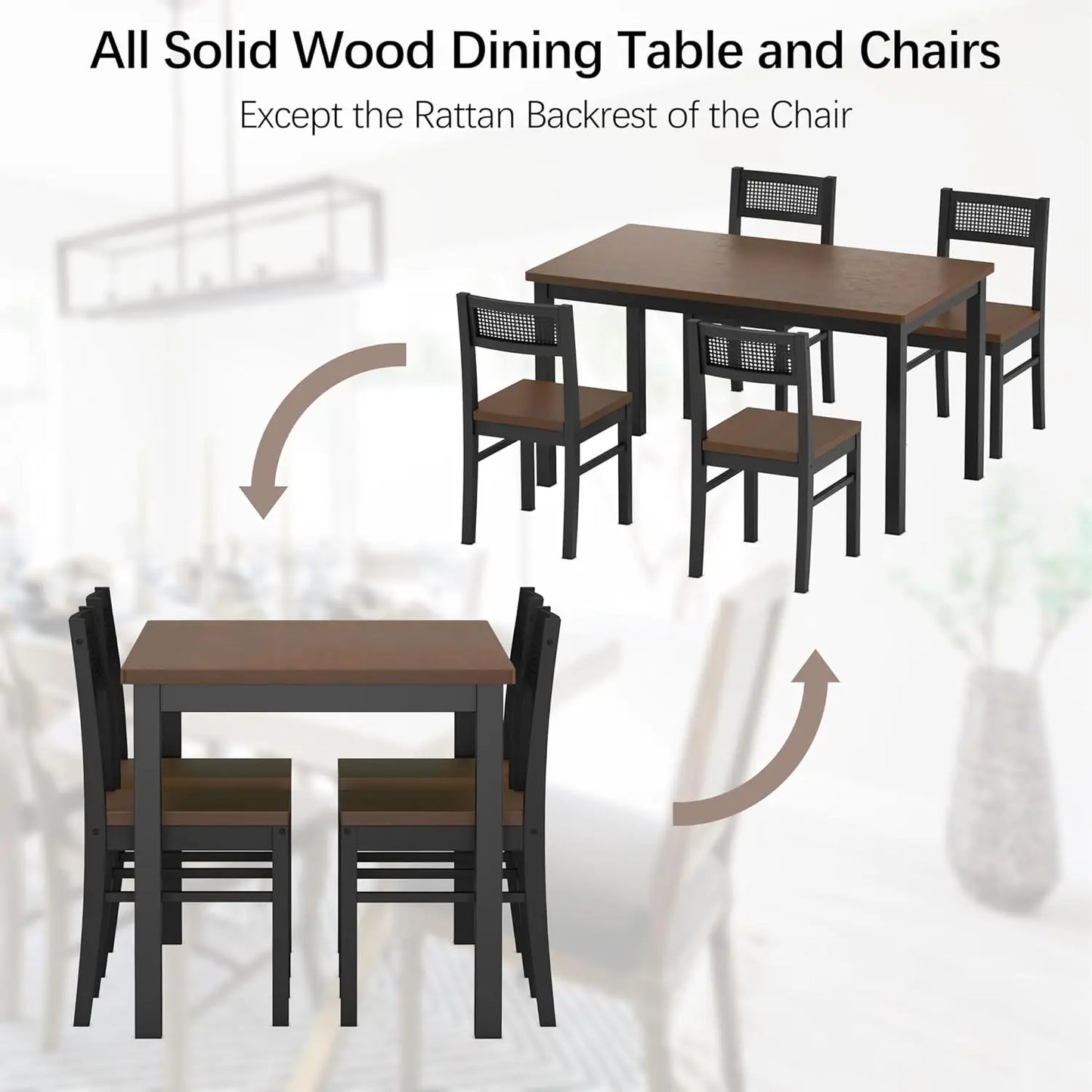 Black Dining Table Set for 4-43.3" Table and Chairs Solid Wood Legs and Woven Rattan Backs.