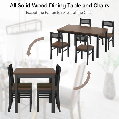 Black Dining Table Set for 4-43.3" Table and Chairs Solid Wood Legs and Woven Rattan Backs.