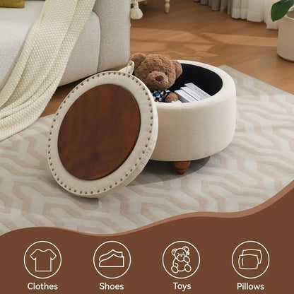Round Storage Ottoman with Tray, Modern Tufted Fabric Circle Coffee Table with Storage, Removable Top.