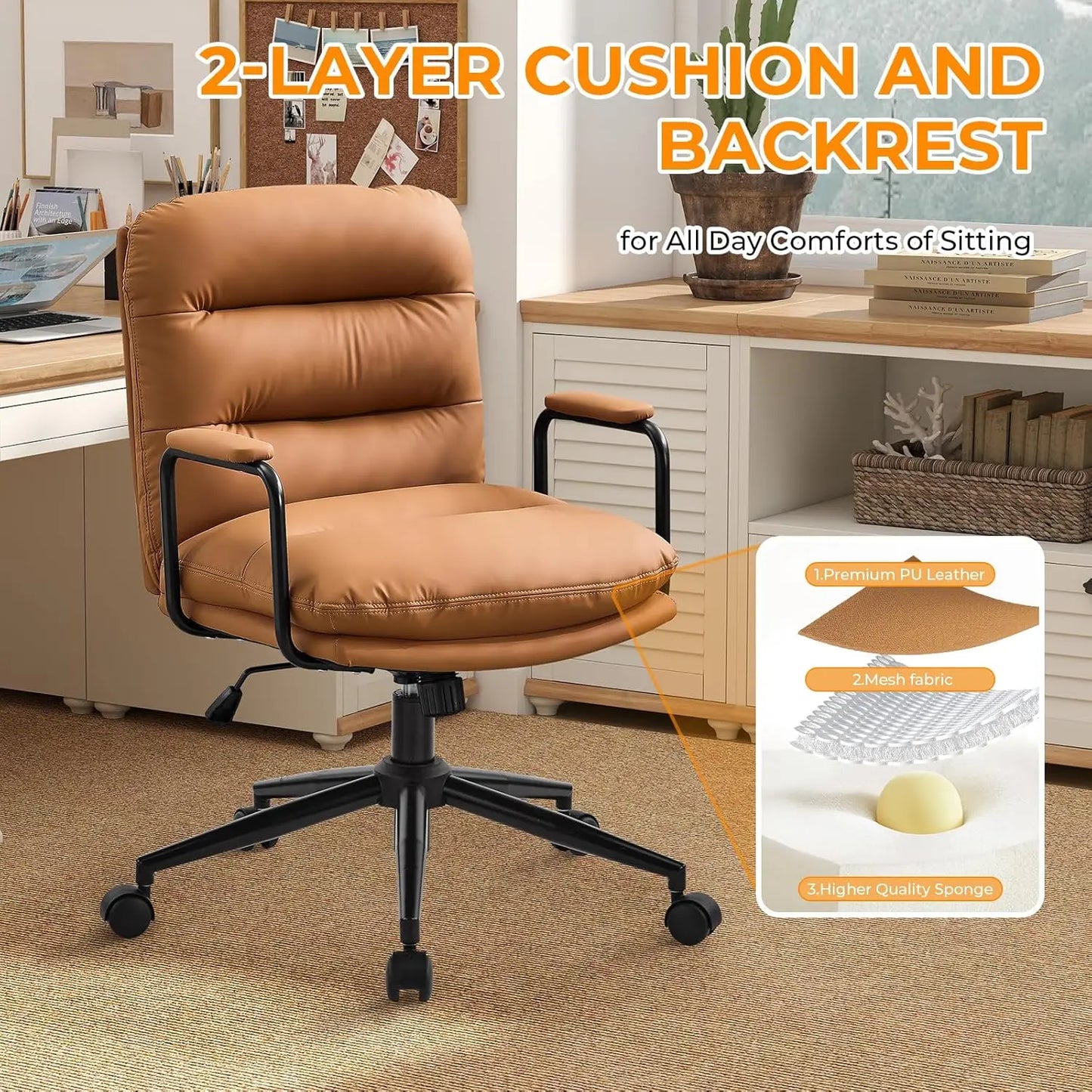 Leather Home Desk Chair, Comfortable Executive Office Chair with Wheels, Adjustable Height.