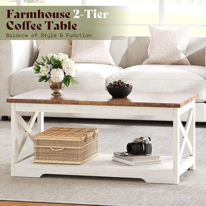 3-Piece Farmhouse Living Room Table Set with Coffee Table, 2 End Tables, Charging Station & USB Ports.