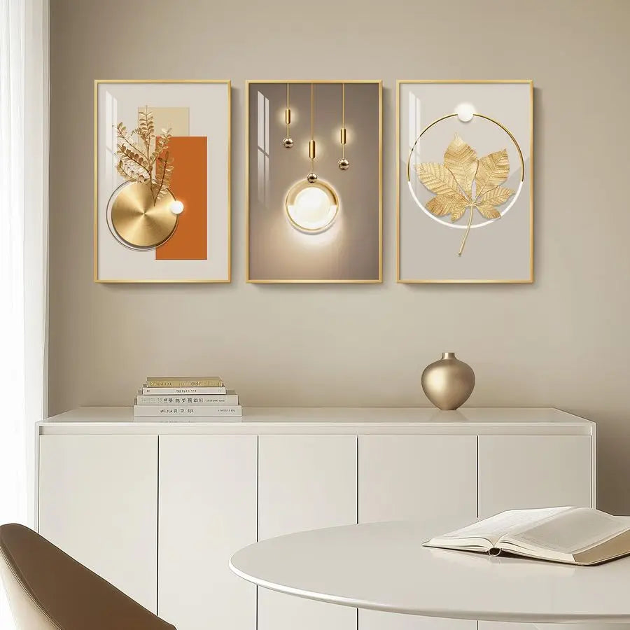 Modern Luxury Gold Wall Art, Set of 3 Piece Contemporary Paintings Artwork for Walls.