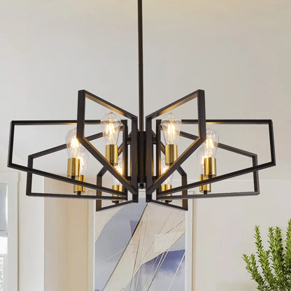 8-Light Geometric Chandelier Adjustable Height Metal Pendant Light with Black Frame & Golden Accents.