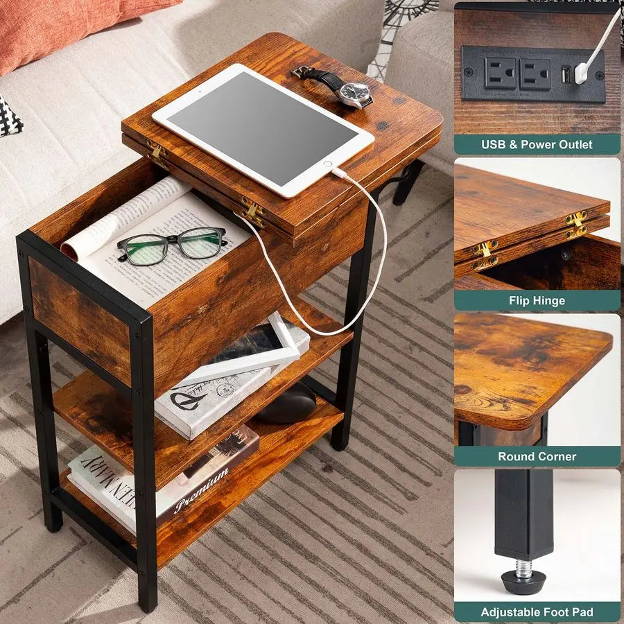 End Table with Charging Station, Flip Top Side Table with USB Ports and Outlets - for Living Room