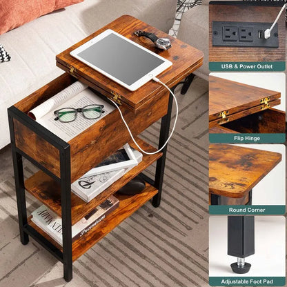 End Table with Charging Station, Flip Top Side Table with USB Ports and Outlets - for Living Room