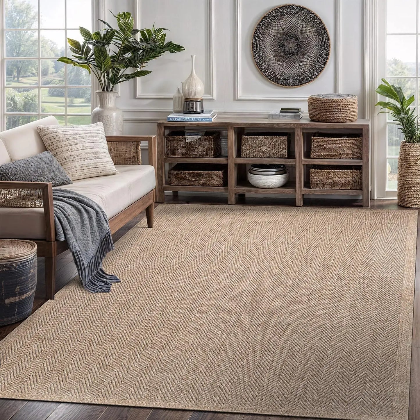5x7 Natural Fiber Area Rug, Herringbone Seagrass Design for Indoor Outdoor Use in Living Room Patio