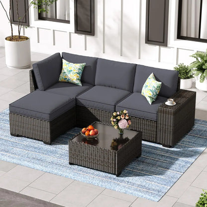 5-Piece Patio Furniture Set, All-Weather Outdoor Wicker Sectional Sofa with Cushions, Tempered Glass Table.