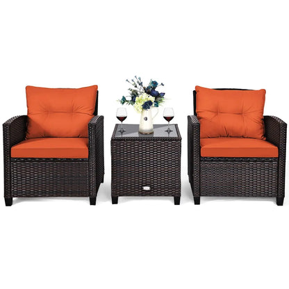3 Pieces Patio Furniture Set, PE Rattan Wicker Outdoor Sofa Set w/Washable Cushion and Tempered Glass.