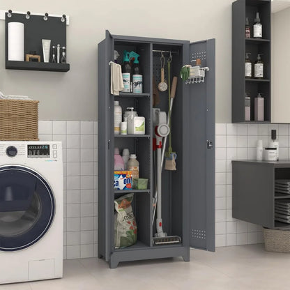 Steel Locking Cabinet with Hanging Rod, Storage with Doors and Hooks, Tall Broom Tool Cabinets