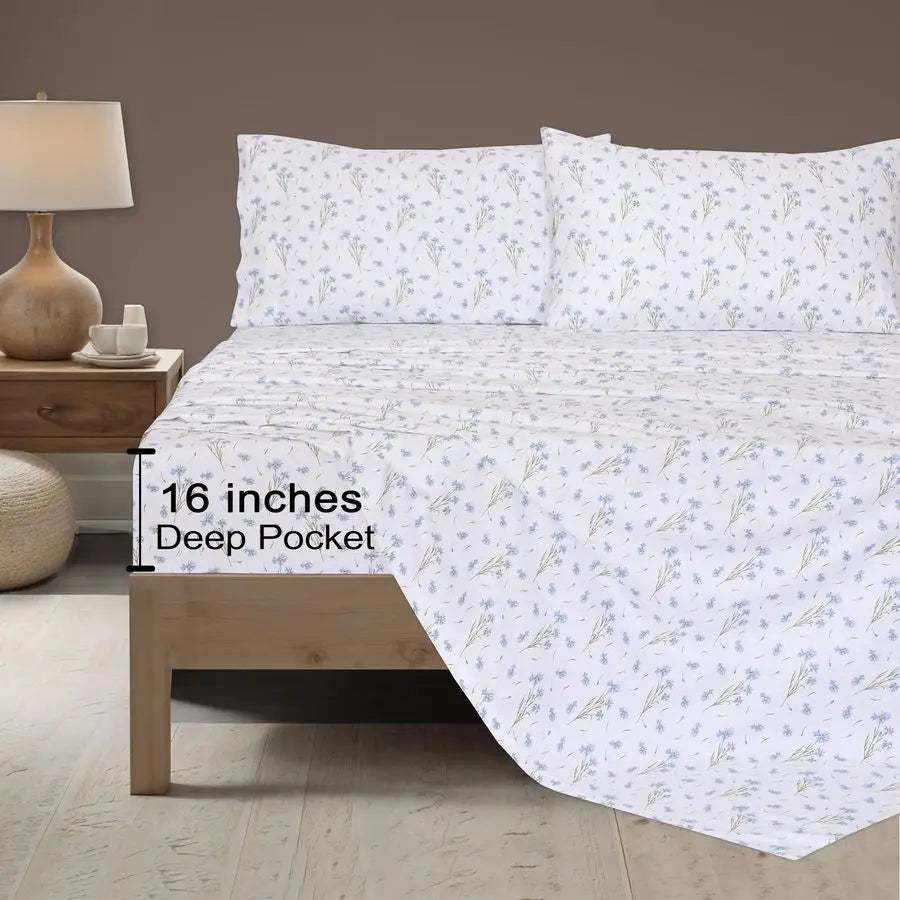 Flannel Sheets Queen Size 100 Cotton Double Brushed Bed Sheets,16 Inches Queen Sheet Set, Breathable