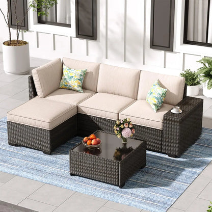5-Piece Patio Furniture Set, All-Weather Outdoor Wicker Sectional Sofa with Cushions, Tempered Glass Table.