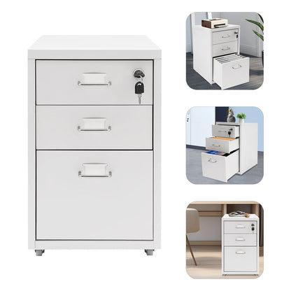 3 Tiers Rectangular Steel Vertical File Cabinet, Metal Mobile File Cabinet with Lock for Office, Study.