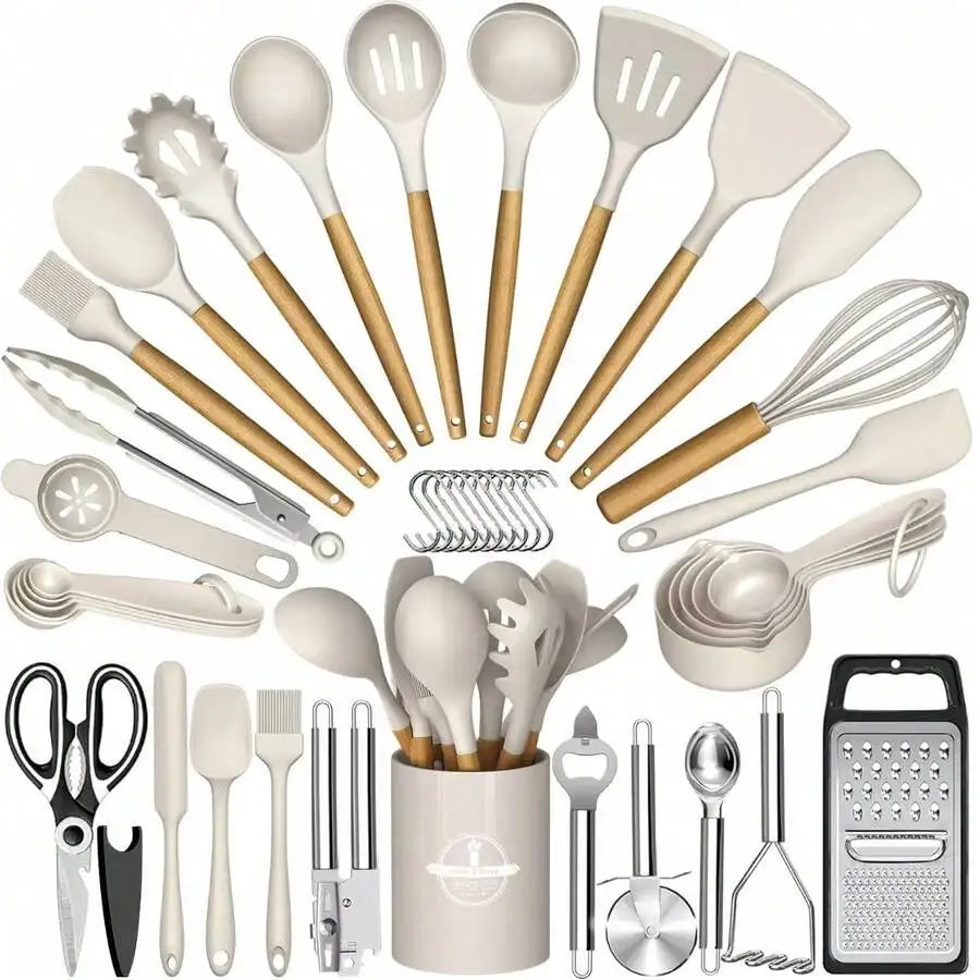 44-Piece Silicone Kitchen Utensil Set w/ Holder Black Wood Handle.