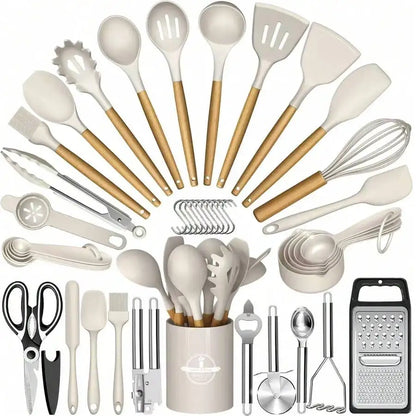 44-Piece Silicone Kitchen Utensil Set w/ Holder Black Wood Handle.