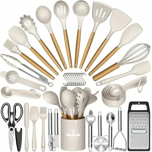 44-Piece Silicone Kitchen Utensil Set w/ Holder Black Wood Handle.